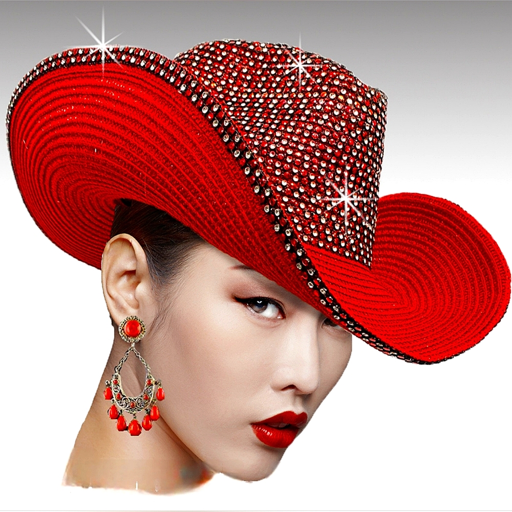Stunning Red Couture Cowboy Hat Jeweled Pave Rhinestones Womens Country Western